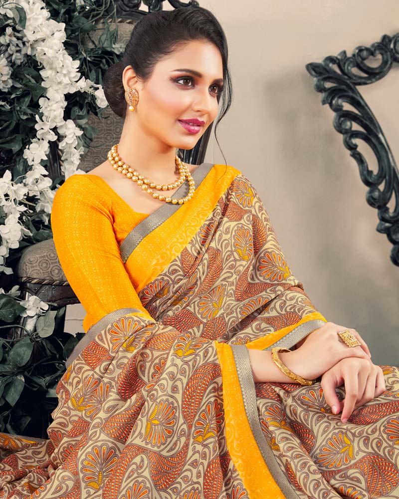 Vishal Prints Beige Printed Criva Crepe Saree With Fancy Border