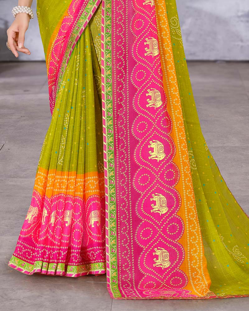 Vishal Prints Olive Green Printed Bandhani Print Chiffon Saree With Foil Print And Fancy Border