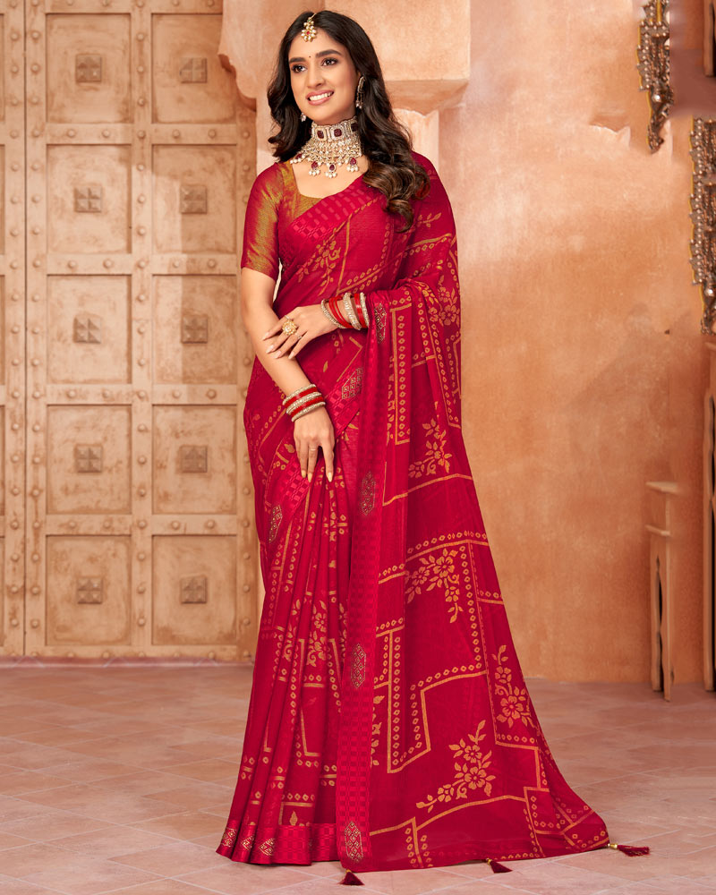 Vishal Prints Cherry Red Designer Brasso Saree With Weaved Satin Patta And Diamond Work