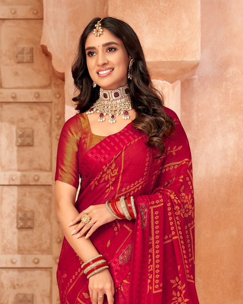Vishal Prints Cherry Red Designer Brasso Saree With Weaved Satin Patta And Diamond Work