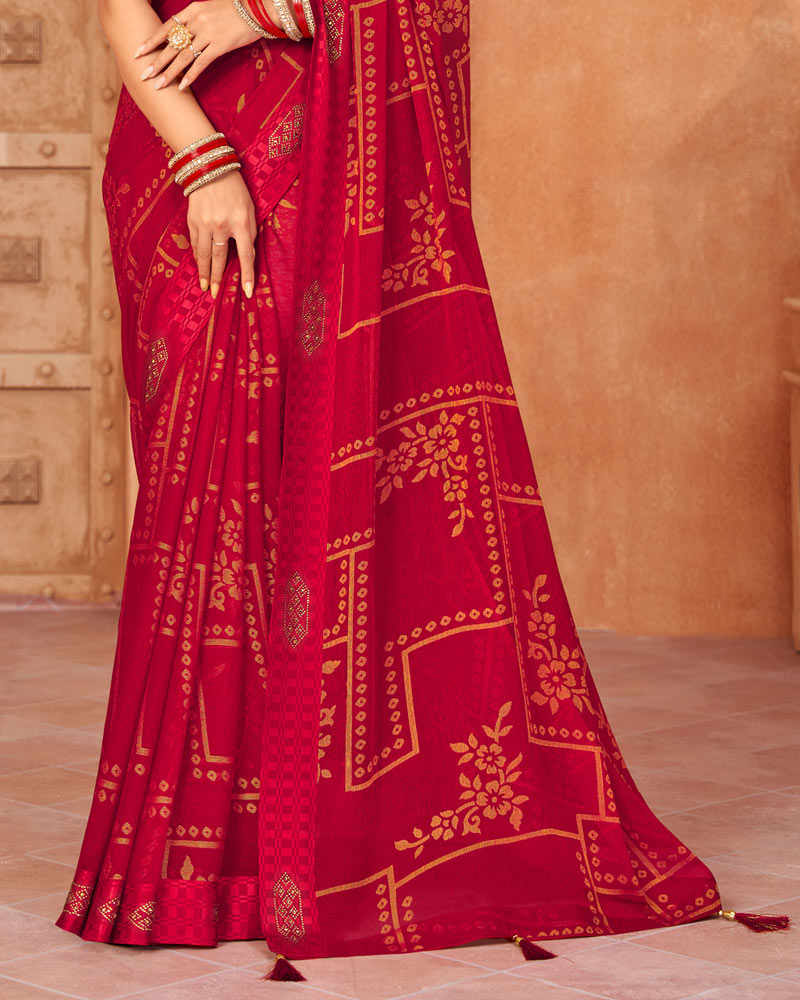 Vishal Prints Cherry Red Designer Brasso Saree With Weaved Satin Patta And Diamond Work