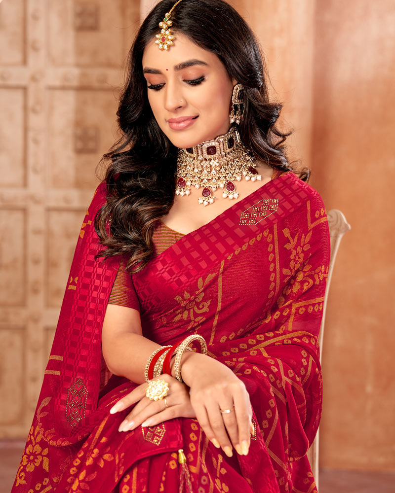 Vishal Prints Cherry Red Designer Brasso Saree With Weaved Satin Patta And Diamond Work