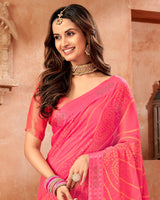 Vishal Prints Pink Designer Brasso Saree With Weaved Satin Patta And Diamond Work