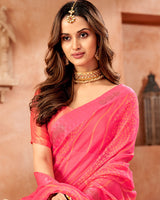 Vishal Prints Pink Designer Brasso Saree With Weaved Satin Patta And Diamond Work
