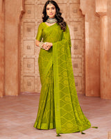 Vishal Prints Olive Yellow Designer Brasso Saree With Weaved Satin Patta And Diamond Work