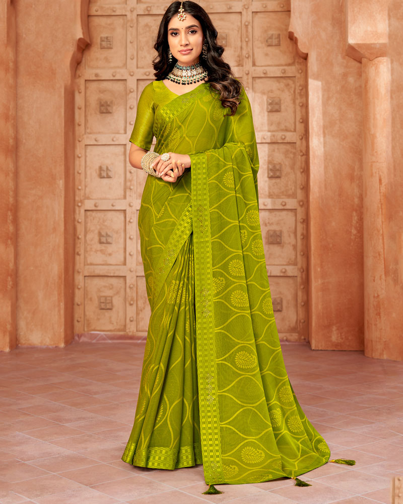 Vishal Prints Olive Yellow Designer Brasso Saree With Weaved Satin Patta And Diamond Work