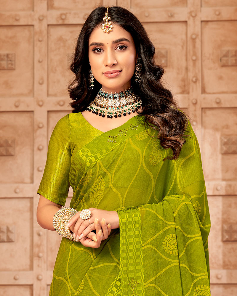 Vishal Prints Olive Yellow Designer Brasso Saree With Weaved Satin Patta And Diamond Work