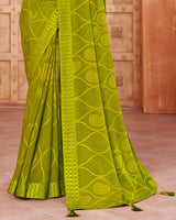 Vishal Prints Olive Yellow Designer Brasso Saree With Weaved Satin Patta And Diamond Work