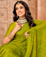 Vishal Prints Olive Yellow Designer Brasso Saree With Weaved Satin Patta And Diamond Work