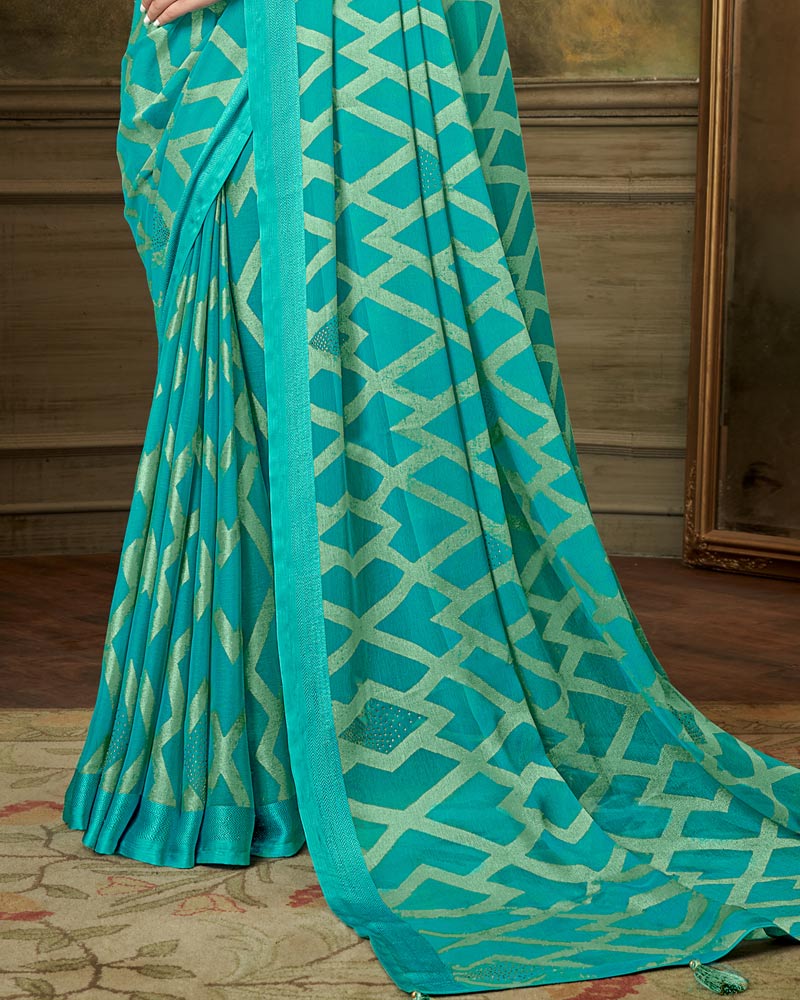 Vishal Prints Teal Green Designer Brasso Saree With Weaved Satin Patta And Diamond Work