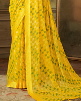 Vishal Prints Yellow Designer Brasso Saree With Weaved Satin Patta And Diamond Work