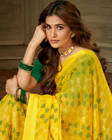 Vishal Prints Yellow Designer Brasso Saree With Weaved Satin Patta And Diamond Work
