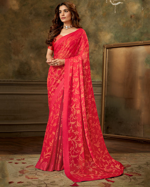 Vishal Prints Pinkish Red Designer Brasso Saree With Weaved Satin Patta And Diamond Work