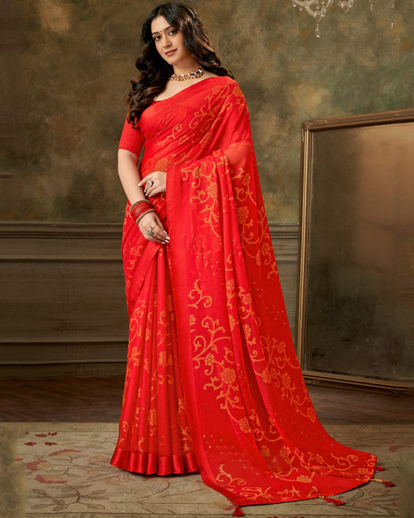 BalaJi Fab Alizarin Crimson Designer Brasso Saree With Weaved Satin Patta And Diamond Work