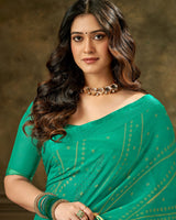 Vishal Prints Dark Mint Green Designer Brasso Saree With Weaved Satin Patta And Diamond Work