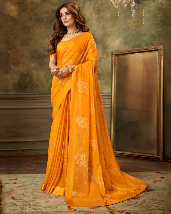 Vishal Prints Saffron Color Designer Brasso Saree With Weaved Satin Patta And Diamond Work