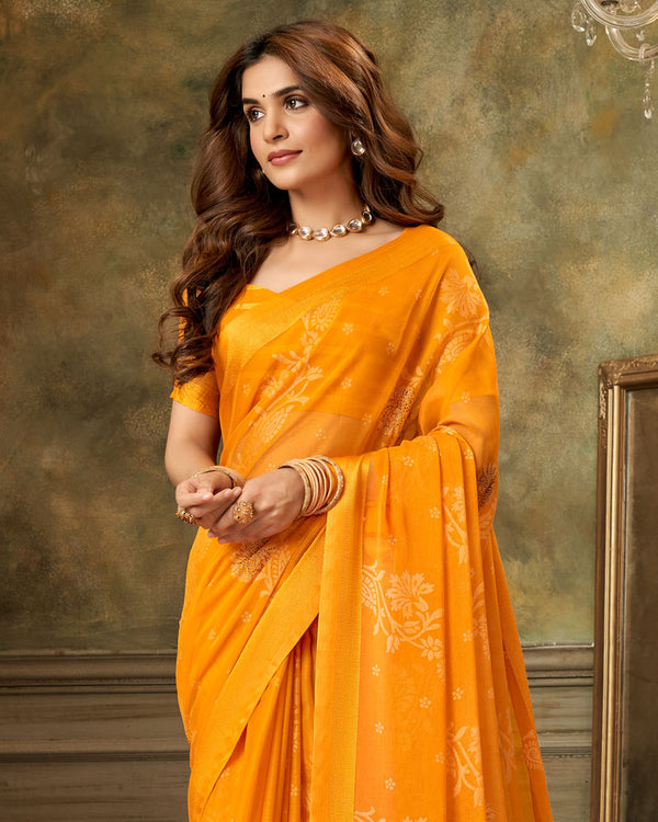 BalaJi Fab Saffron Color Designer Brasso Saree With Weaved Satin Patta And Diamond Work