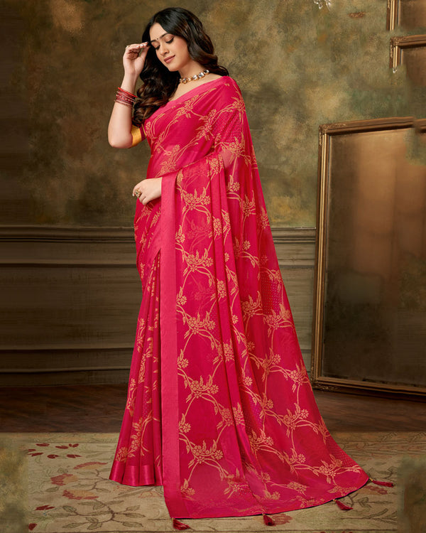 BalaJi Fab Red Pink Designer Brasso Saree With Weaved Satin Patta And Diamond Work