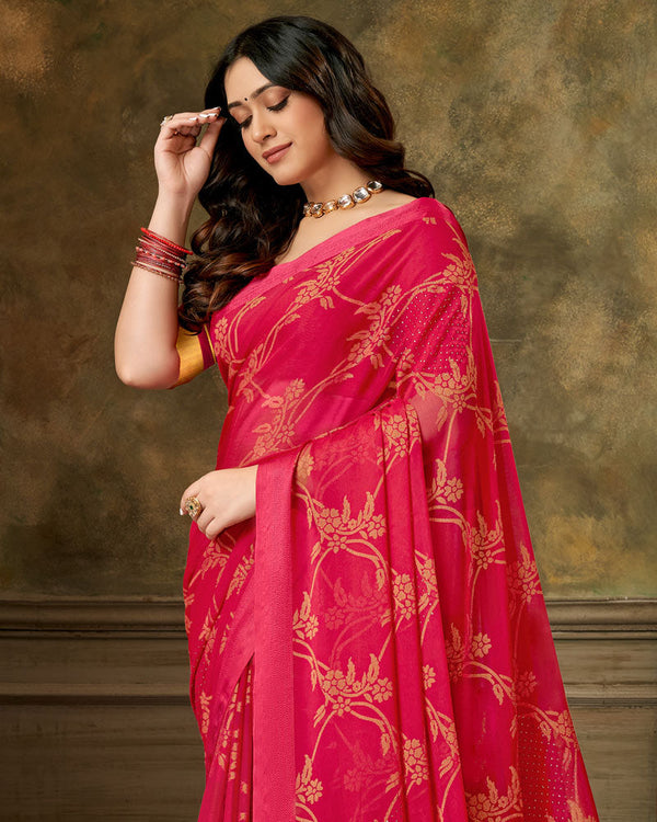 Vishal Prints Red Pink Designer Brasso Saree With Weaved Satin Patta And Diamond Work