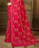 Vishal Prints Red Pink Designer Brasso Saree With Weaved Satin Patta And Diamond Work