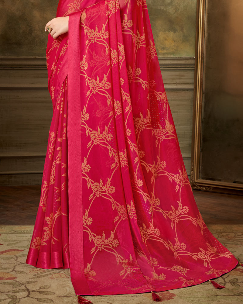 Vishal Prints Red Pink Designer Brasso Saree With Weaved Satin Patta And Diamond Work