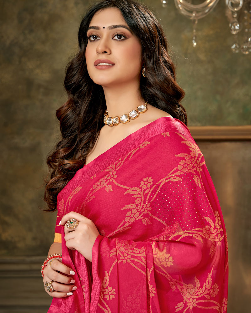 Vishal Prints Red Pink Designer Brasso Saree With Weaved Satin Patta And Diamond Work