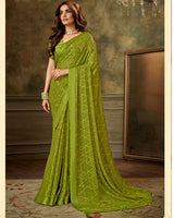 Vishal Prints Olive Green Designer Brasso Saree With Weaved Satin Patta And Diamond Work
