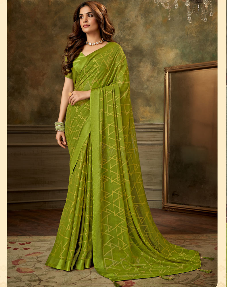 Vishal Prints Olive Green Designer Brasso Saree With Weaved Satin Patta And Diamond Work