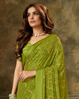 Vishal Prints Olive Green Designer Brasso Saree With Weaved Satin Patta And Diamond Work