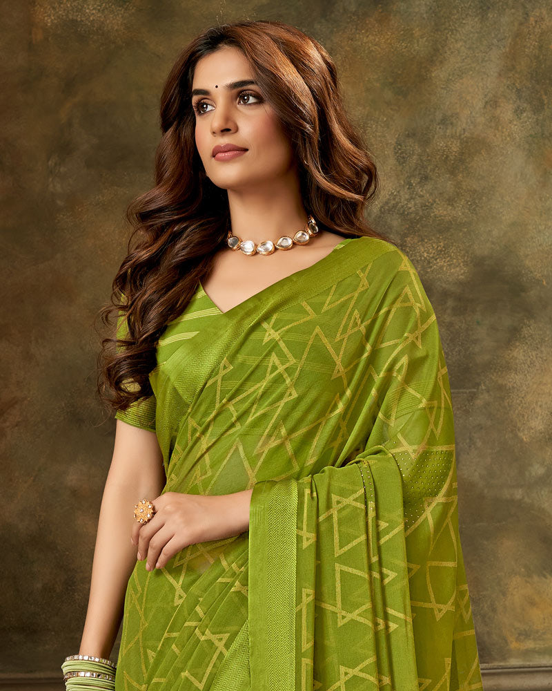 Vishal Prints Olive Green Designer Brasso Saree With Weaved Satin Patta And Diamond Work