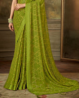 Vishal Prints Olive Green Designer Brasso Saree With Weaved Satin Patta And Diamond Work