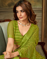 Vishal Prints Olive Green Designer Brasso Saree With Weaved Satin Patta And Diamond Work
