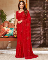 Vishal Prints Cherry Red Chiffon Saree With Embroidery And Stone Work