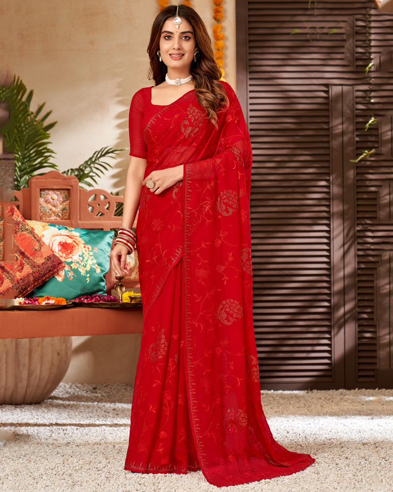 Vishal Prints Cherry Red Chiffon Saree With Embroidery And Stone Work