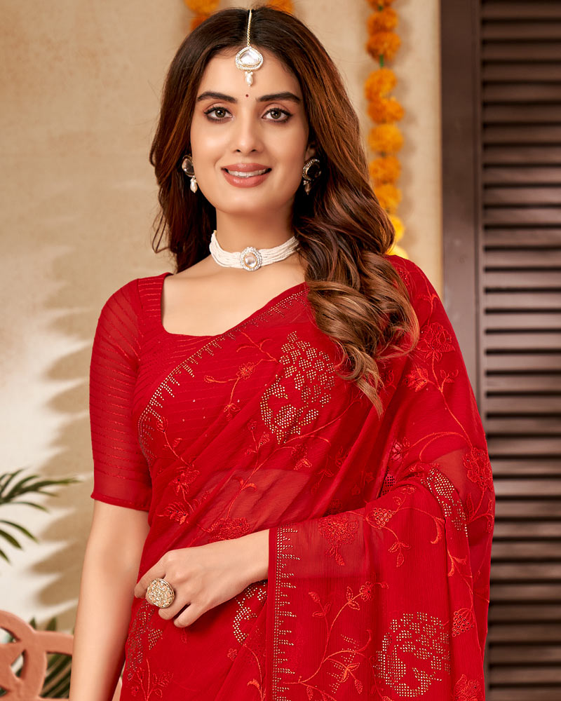 Vishal Prints Cherry Red Chiffon Saree With Embroidery And Stone Work