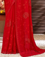 Vishal Prints Cherry Red Chiffon Saree With Embroidery And Stone Work