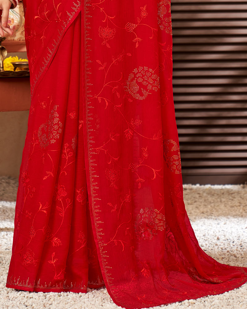 Vishal Prints Cherry Red Chiffon Saree With Embroidery And Stone Work