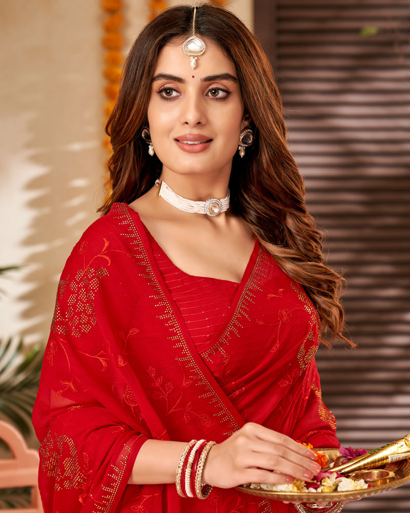 Vishal Prints Cherry Red Chiffon Saree With Embroidery And Stone Work