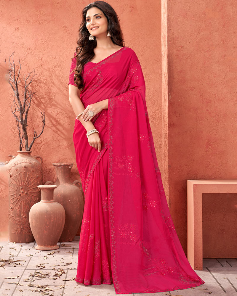 Vishal Prints Red Pink Designer Chiffon Saree With Embroidery Diamond Work And Core Piping