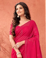 Vishal Prints Red Pink Designer Chiffon Saree With Embroidery Diamond Work And Core Piping