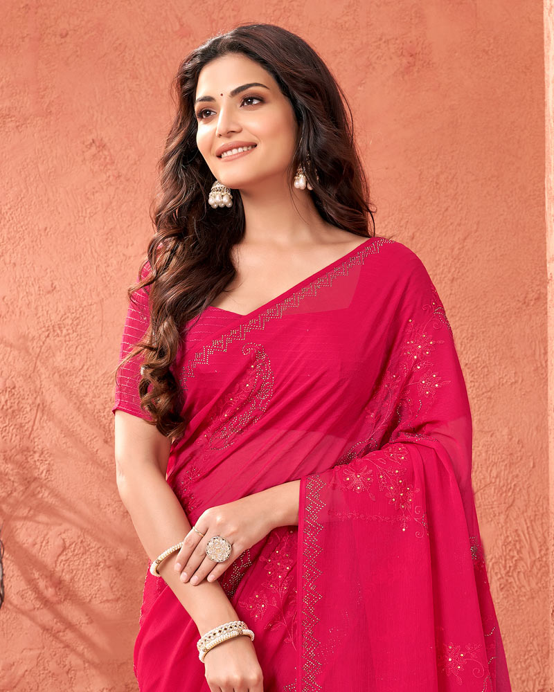 Vishal Prints Red Pink Designer Chiffon Saree With Embroidery Diamond Work And Core Piping