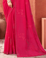 Vishal Prints Red Pink Designer Chiffon Saree With Embroidery Diamond Work And Core Piping