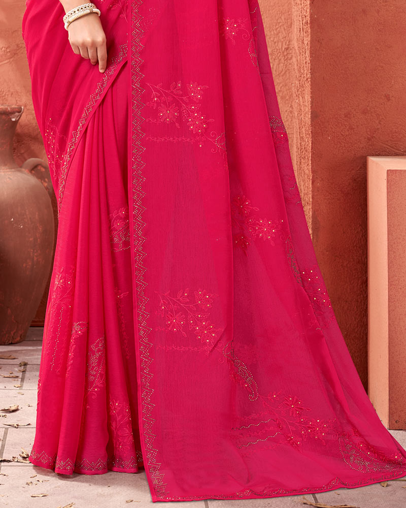 Vishal Prints Red Pink Designer Chiffon Saree With Embroidery Diamond Work And Core Piping