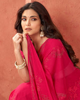 Vishal Prints Red Pink Designer Chiffon Saree With Embroidery Diamond Work And Core Piping