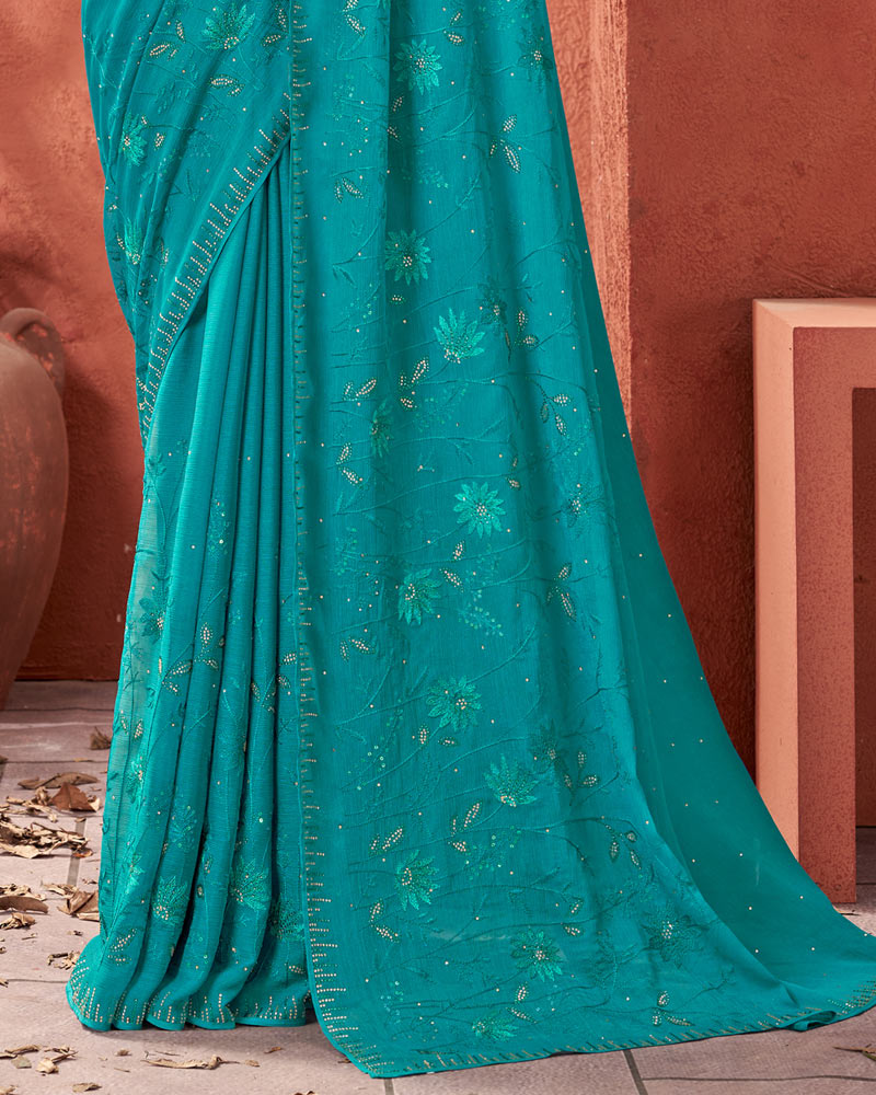 Vishal Prints Teal Blue Designer Chiffon Saree With Embroidery Diamond Work And Core Piping