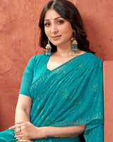 Vishal Prints Teal Blue Designer Chiffon Saree With Embroidery Diamond Work And Core Piping