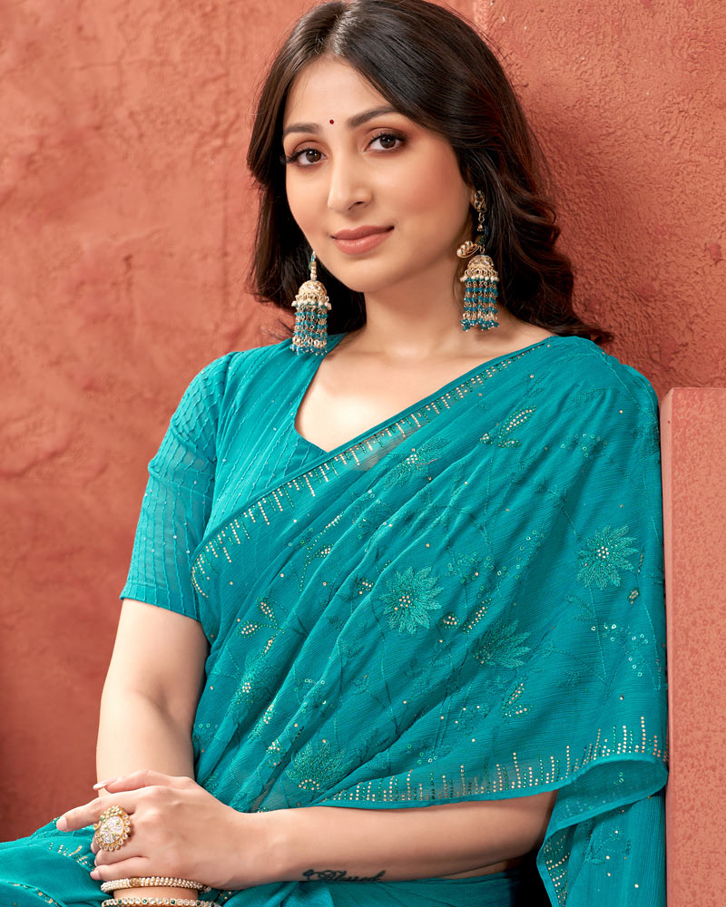 Vishal Prints Teal Blue Designer Chiffon Saree With Embroidery Diamond Work And Core Piping