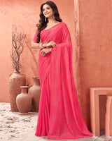 Vishal Prints Red Pink Designer Chiffon Saree With Embroidery Diamond Work And Core Piping