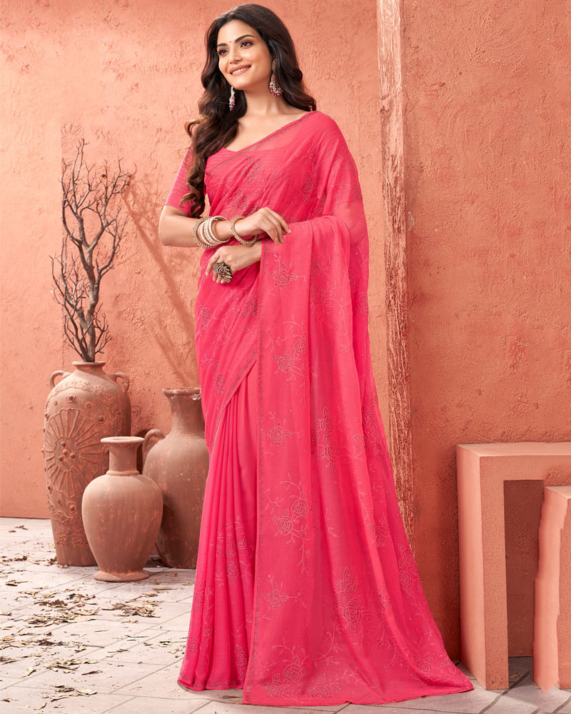 Vishal Prints Red Pink Designer Chiffon Saree With Embroidery Diamond Work And Core Piping