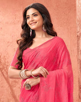 Vishal Prints Red Pink Designer Chiffon Saree With Embroidery Diamond Work And Core Piping